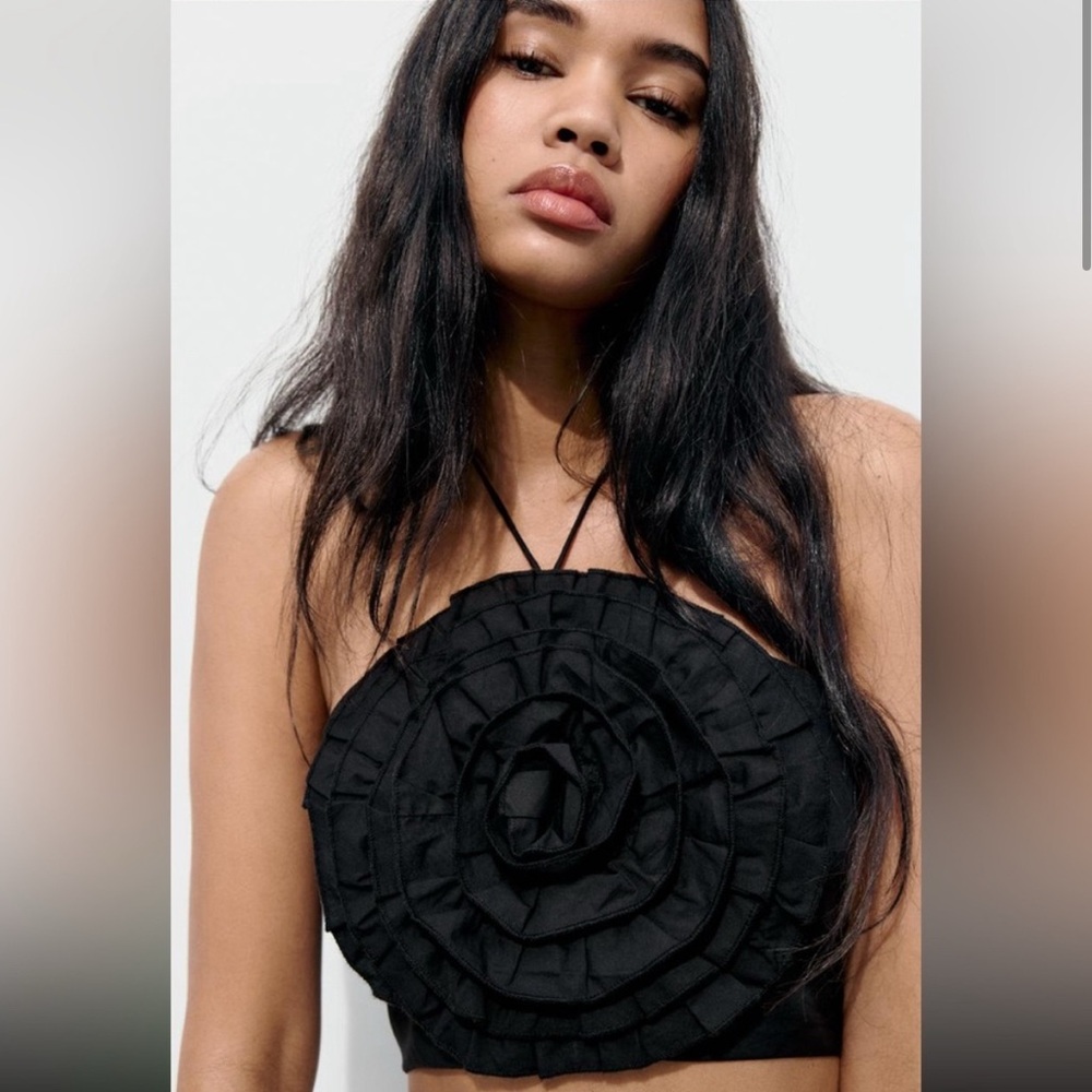 NWT Zara Black Flower Poplin Halter Top